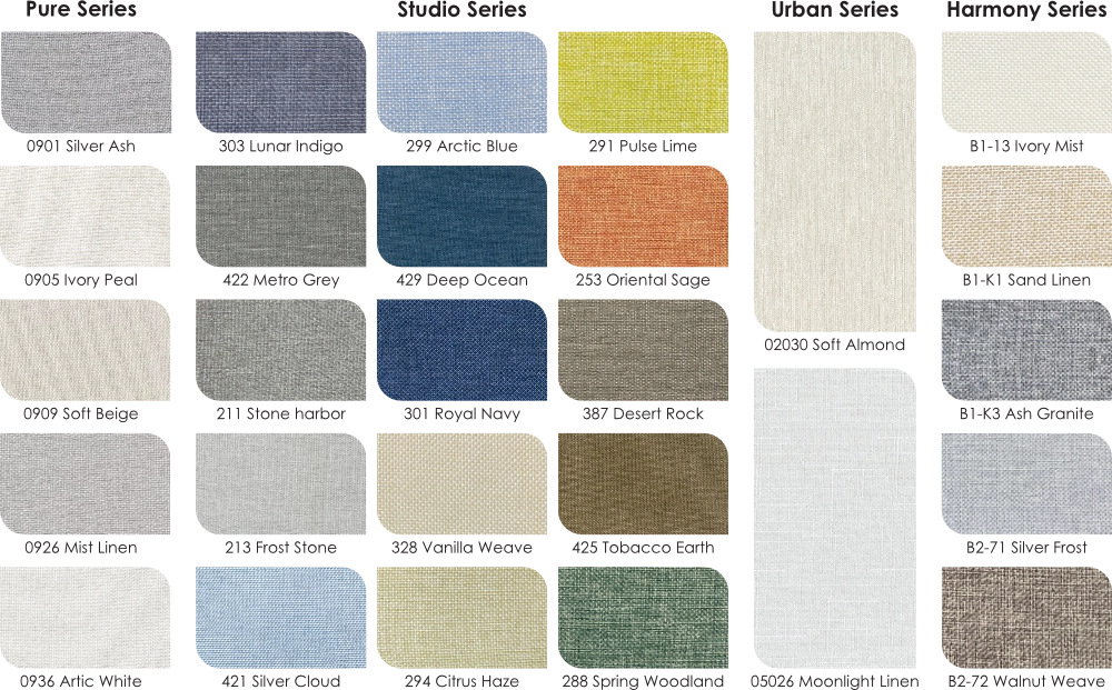 AcousPanel Fabric Series: Pure, Studio, Urban, and Harmony fabric-faced ranges